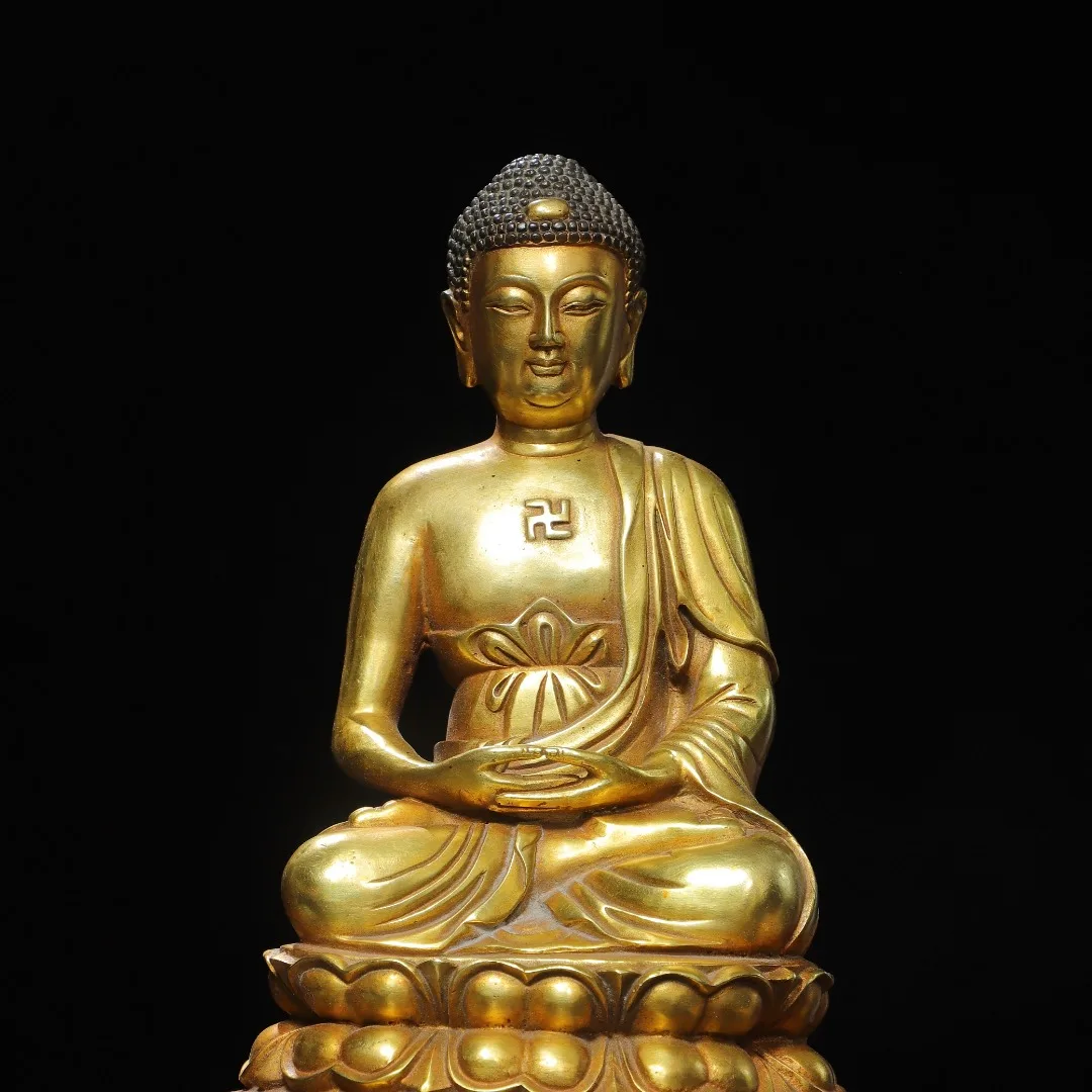 Tibetan brass antique gilt Sakyamuni big day Buddha statue ornament is dedicated to Buddhist hall incense case supplies 33 cm