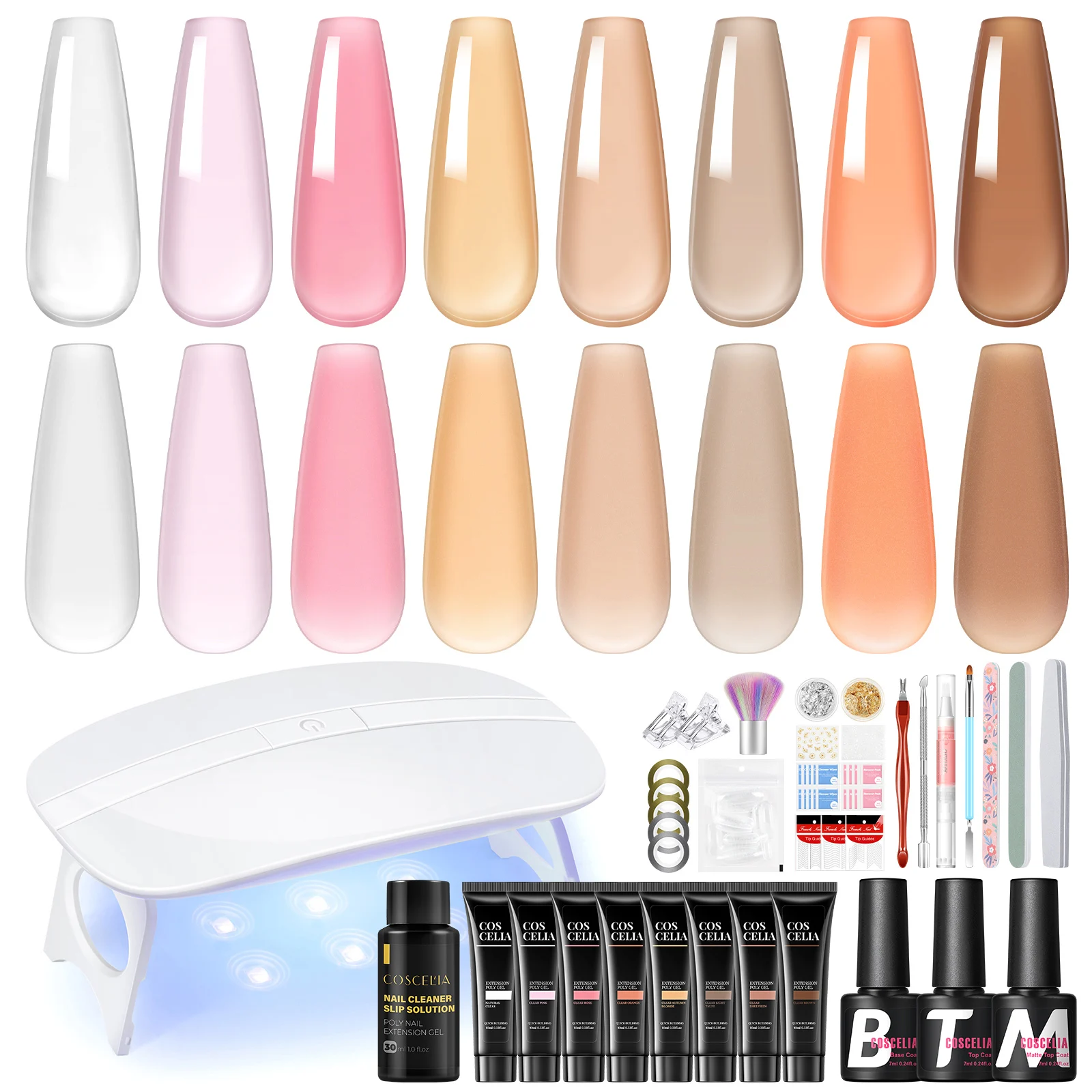 Coscelia 10 ml Poly-Verlängerungsgel-Set mit 6 W Nagellampe, Slip-Lösung, mattierter Decklack und Untermantel, französischer Nagelaufkleber für Frauen