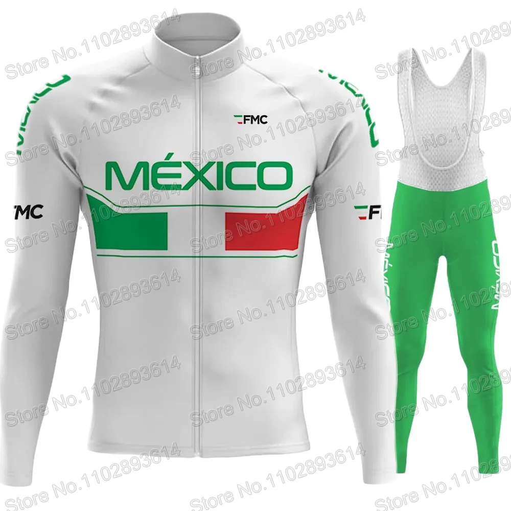 National Team Mexico Cycling Jersey 2023 Set Long Sleeve Green Winter Clothing Road Race Bike Jacket Suit MTB Ropa Maillot