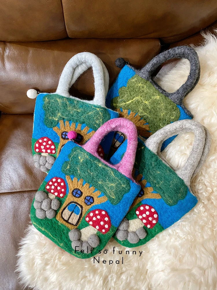 Handmade Wool Felt Mushroom Shaped Handbag Cute Country Style Tote Bag Artistic Forest System Youth Daily Use Handheld Bag