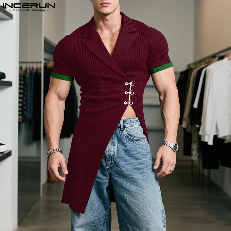 

INCERUN мужской кардиган вязаный лоскутный лацкан с коротким рукавом нерегулярный свитер мужская уличная одежда 2025 модный повседневный свитер пальто
