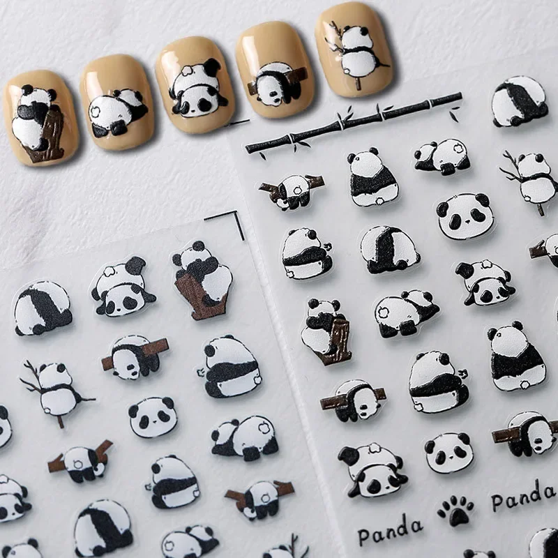 Panda Lovely Cartoon 5D Soft Embossed Reliefs Self Adhesive Nail Art Stickers Green Bamboo Manicure Decals Wholesale