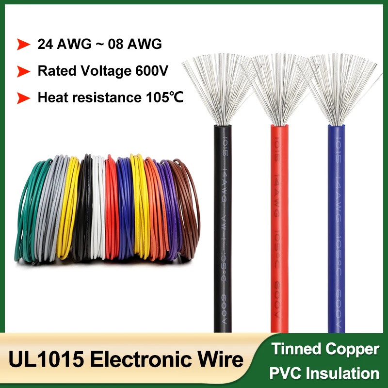 

1/2/5/10M Electric Wire UL1015 Multi-stranded 24 22 20 18 16 14 12 10 08 AWG PVC Insulated Tinned Copper Cable for Lamp Lighting