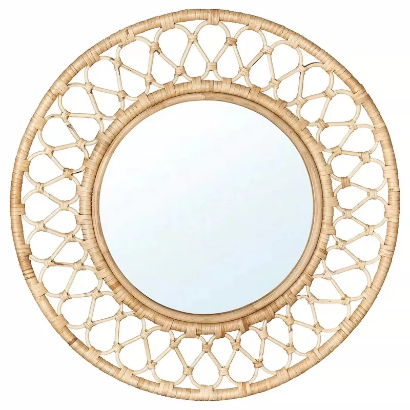 Round Rattan Wall Mirror, Natural Woven Frame, 30 Inch Diameter, Decorative Petal Design, Vintage Boho Style