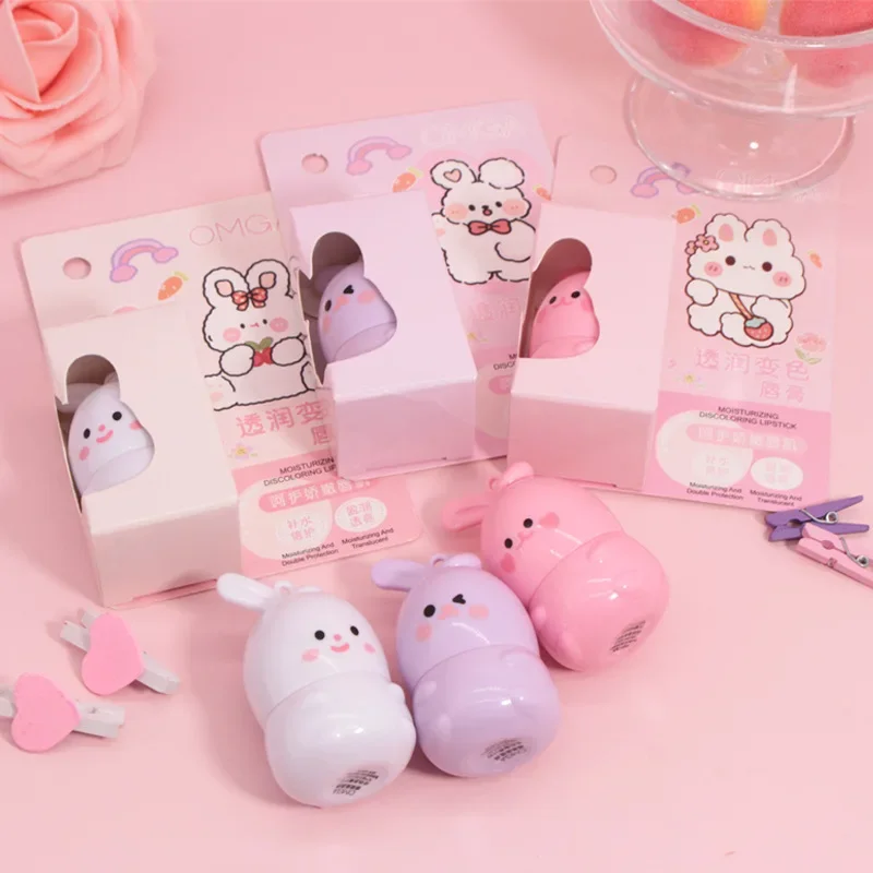 Cartoon rabbit color-changing lipstick moisturizing fading lip pattern color-changing lipstick easy to color Not easy to remove