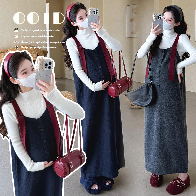 

Maternity Dress Set 2025 New Autumn Winter Korean Style Slimming Loose Elegant Knit Long Sleeve Undershirt And Suspender Dress