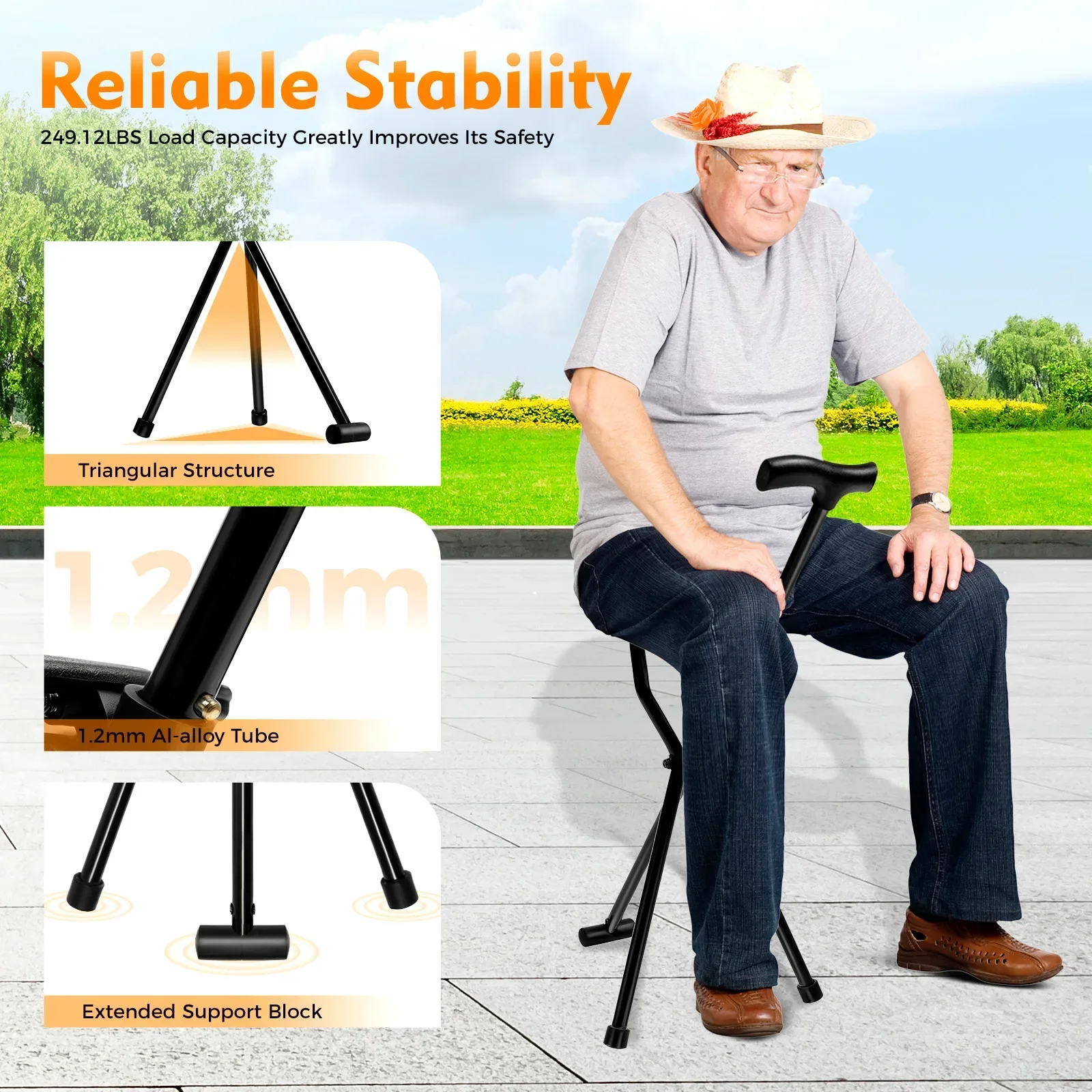 Multi-functional Foldable 3-Leg Cane Stool for Elderly, Portable Walking Aid w/ Tri-Leg Support, Lightweight Mobility Assistant
