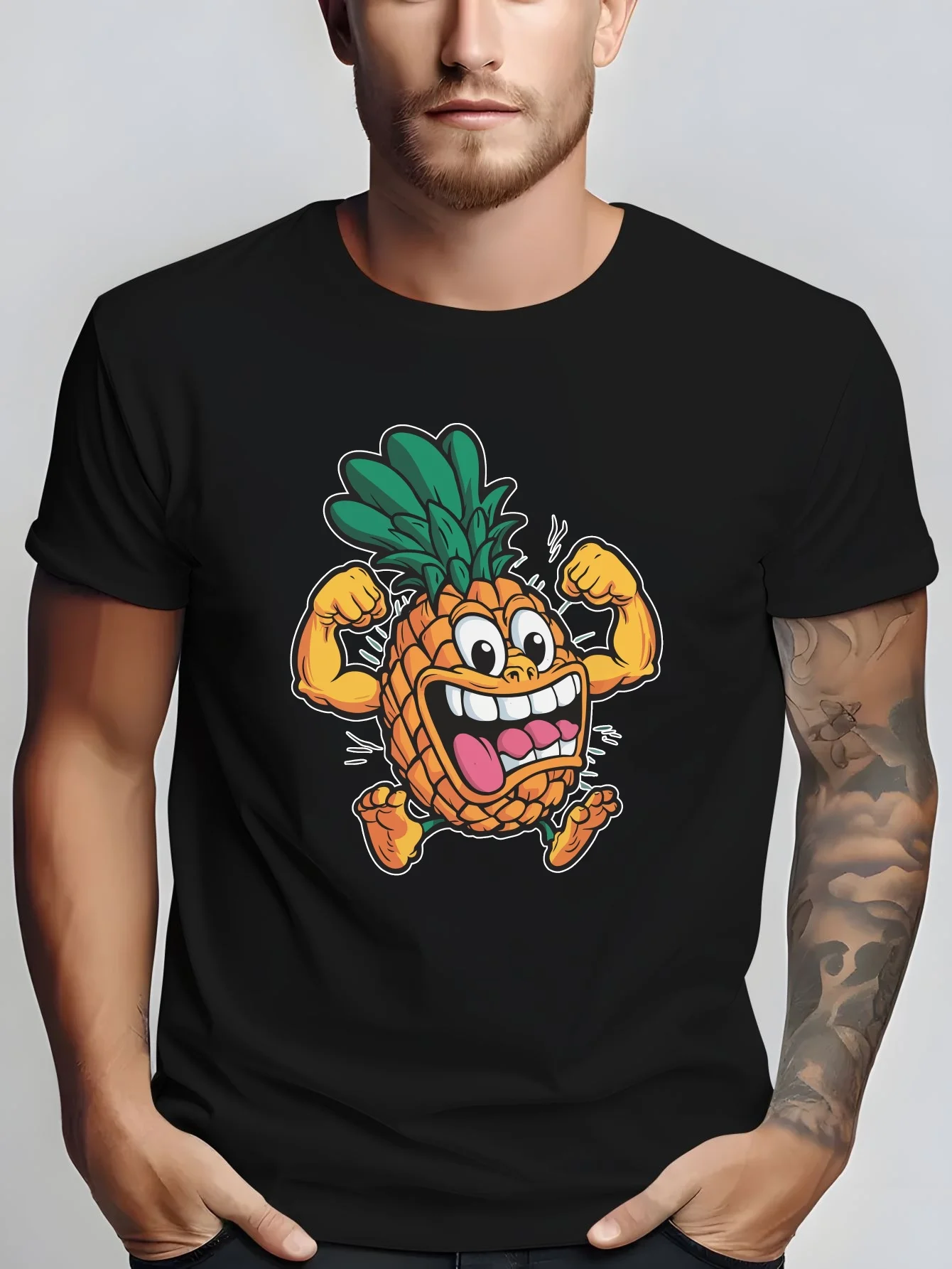 Muscular Pineapple Mens Crew Neck T Shirt Cartoon Strong Fruit Character Retro Mascot Graphic Short Sleeve Casual Street Tops