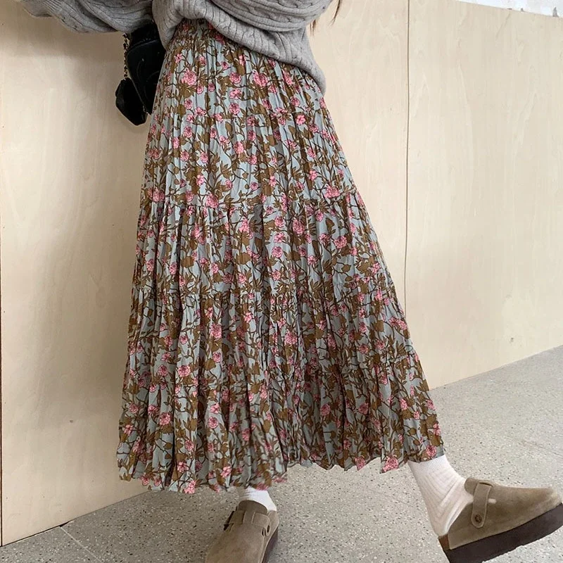 Korean Style Floral Skirts Women High-waisted A-line Slim Thin Fashion Autumn and Winter New Arrival Daily Basic Skirts Female