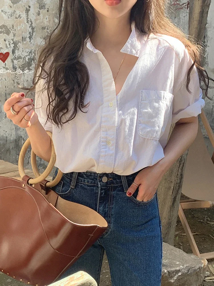 

Summer Simple Short Sleeve Loose Casual Blouses Women Tops Spring French Stylish Slimming White Shirt Women Clothing