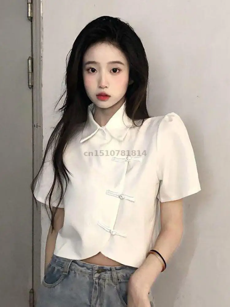 Women New Chinese Style Mandarin Collar Frog Button Pankou Black Short Sleeve Asymmetrical Retro Tang Suit Casual Blouse Summer
