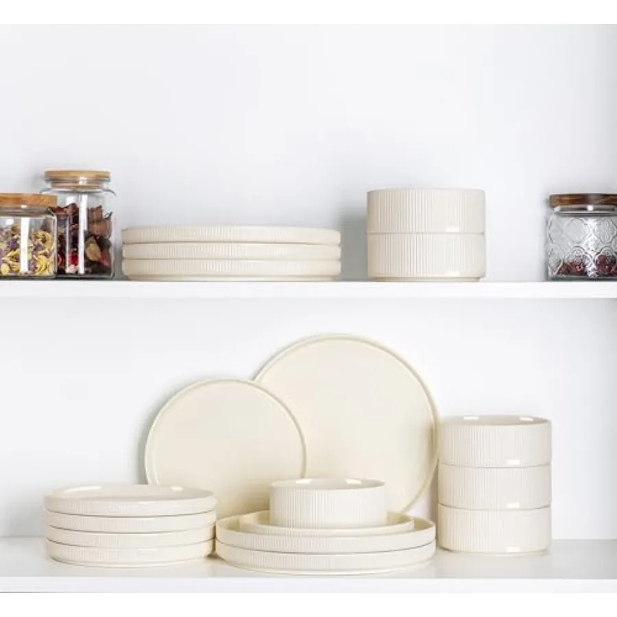 أطقم أواني طعام سيراميك تتسع لـ 4 قطع بما في ذلك 12 قطعة من أطباق وأطباق خفيفة الوزن من البورسلين مقاومة للخدش، مثالية لـ D