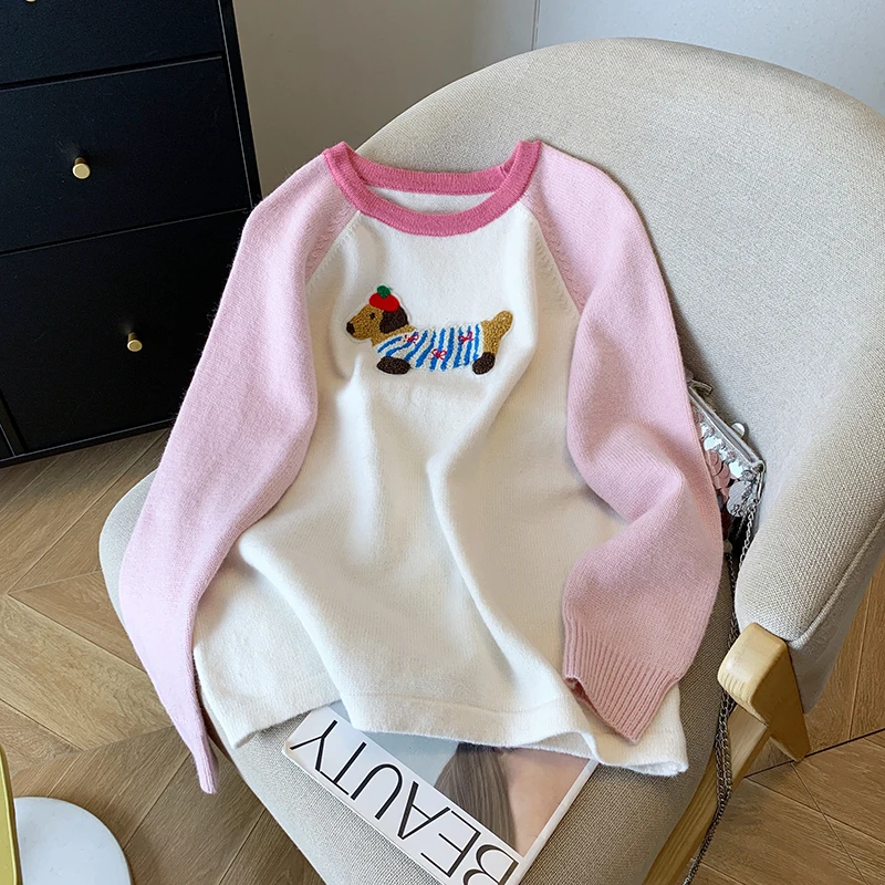 

Women's round Neck Long Sleeve Pink Dog Sweater French Elegant Cute High Street Gothic College Vintage Top Winter Clothing 2025