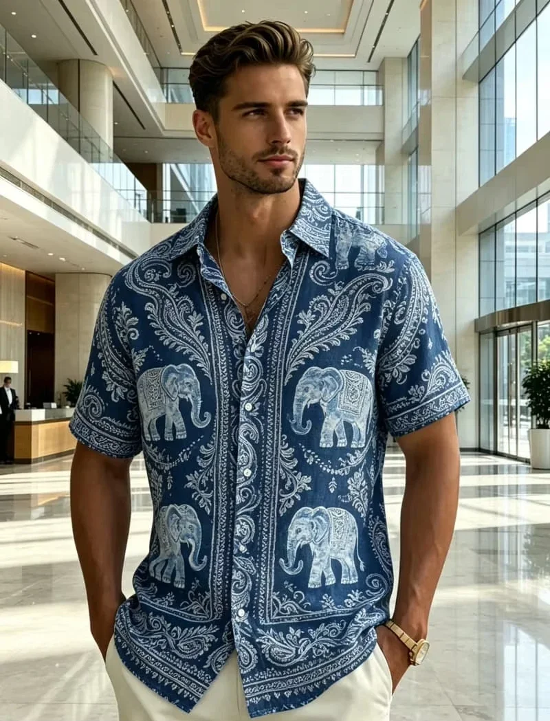 Exotic Tribal Totem Printed Short Sleeved Shirt For men's Casual top, With A Strong Ethnic style, For Personalized Ethnic Wear