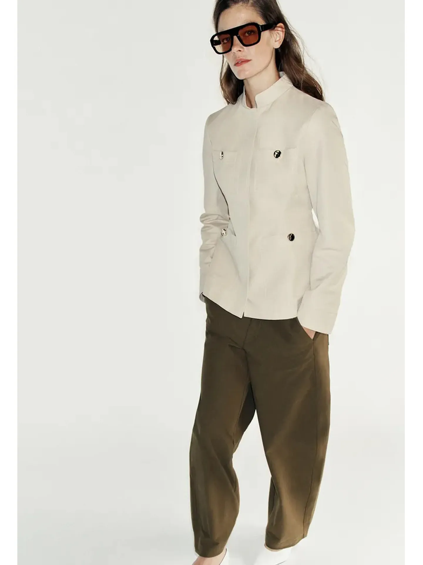 Fall New Women's Slim Fit Long Sleeve Stand Collar Pocket Decorated Button Jacket Outerwear Stylish French Style Polyester Fiber