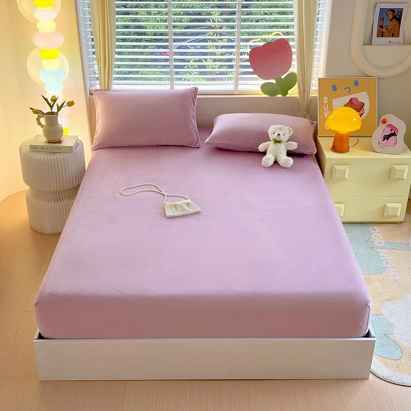 Milk Fleece Fitted Sheet 1PC Solid Color Elastic Deep Pocket Mattress Cover Soft Warm Plush Machine Washable No Pillowcases