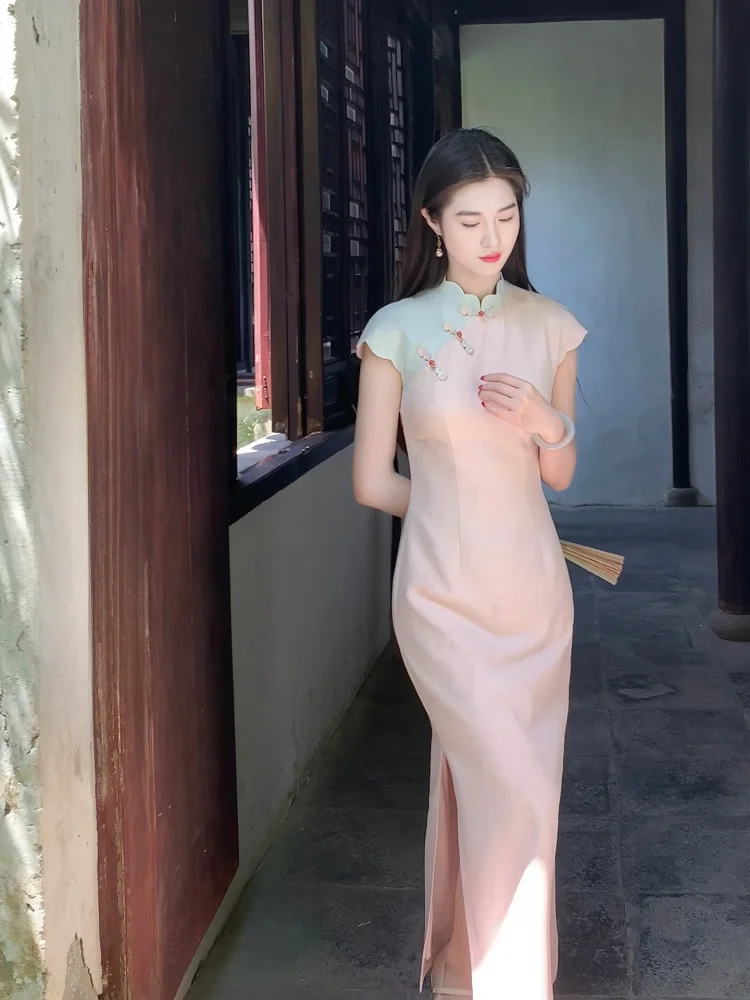 

Spring New Chinese Sle Color Blo Improved Women's Spring Summer Stand Collar Waist Inward Split Dr