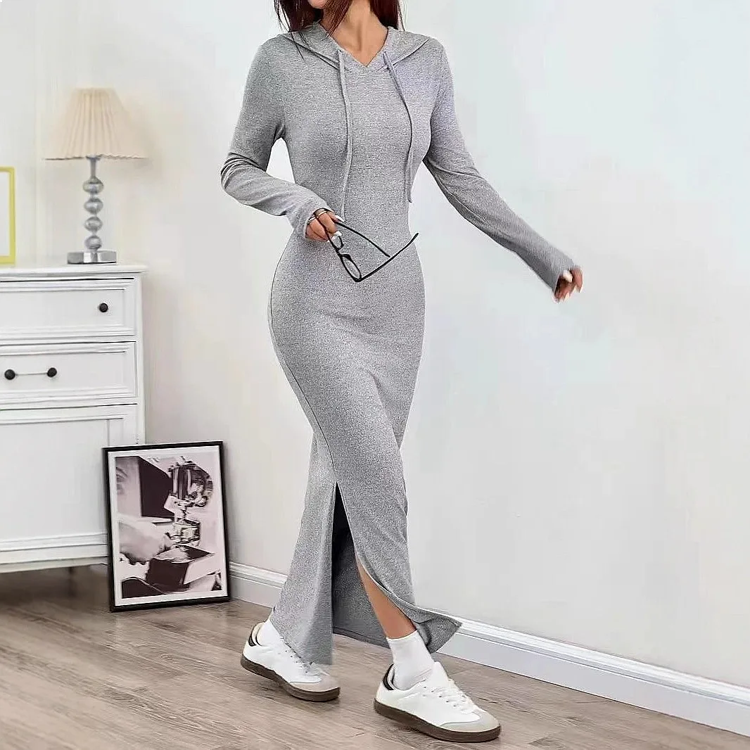 Autumn Winter Long Sleeve Hoodie Bodycon Dress Casual Solid Color Dresses Women Jumpsuit