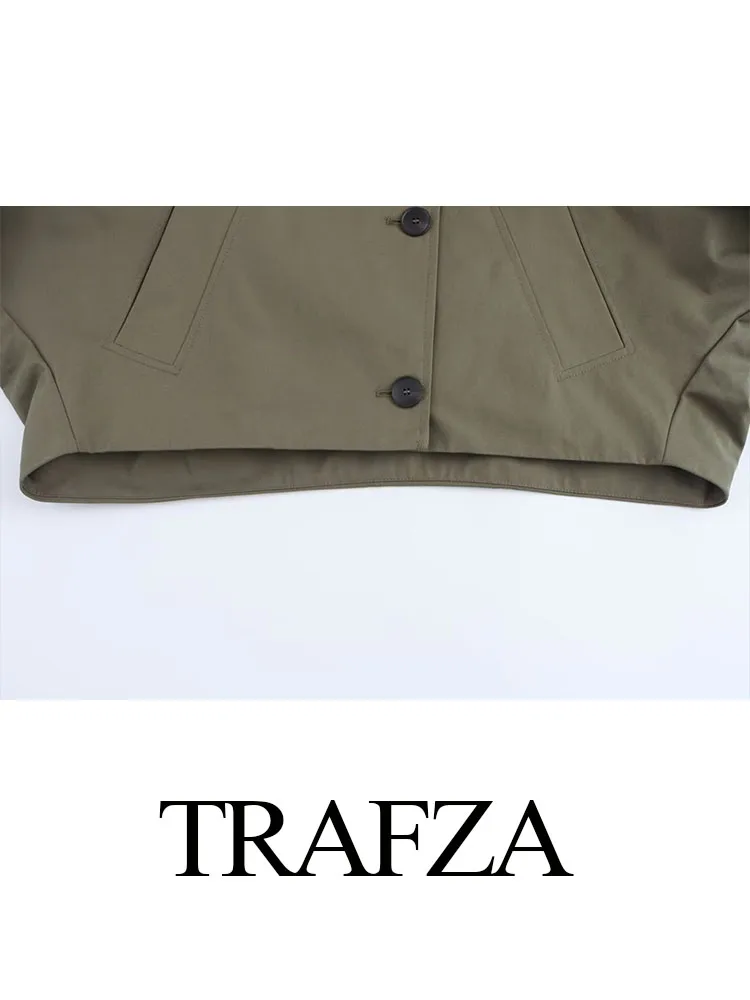 TRAFZA Autumn Windbreaker Woman Trendy Solid Turn-Down Collar Long Sleeves Pockets Single Breasted Female Casual Loose Coats