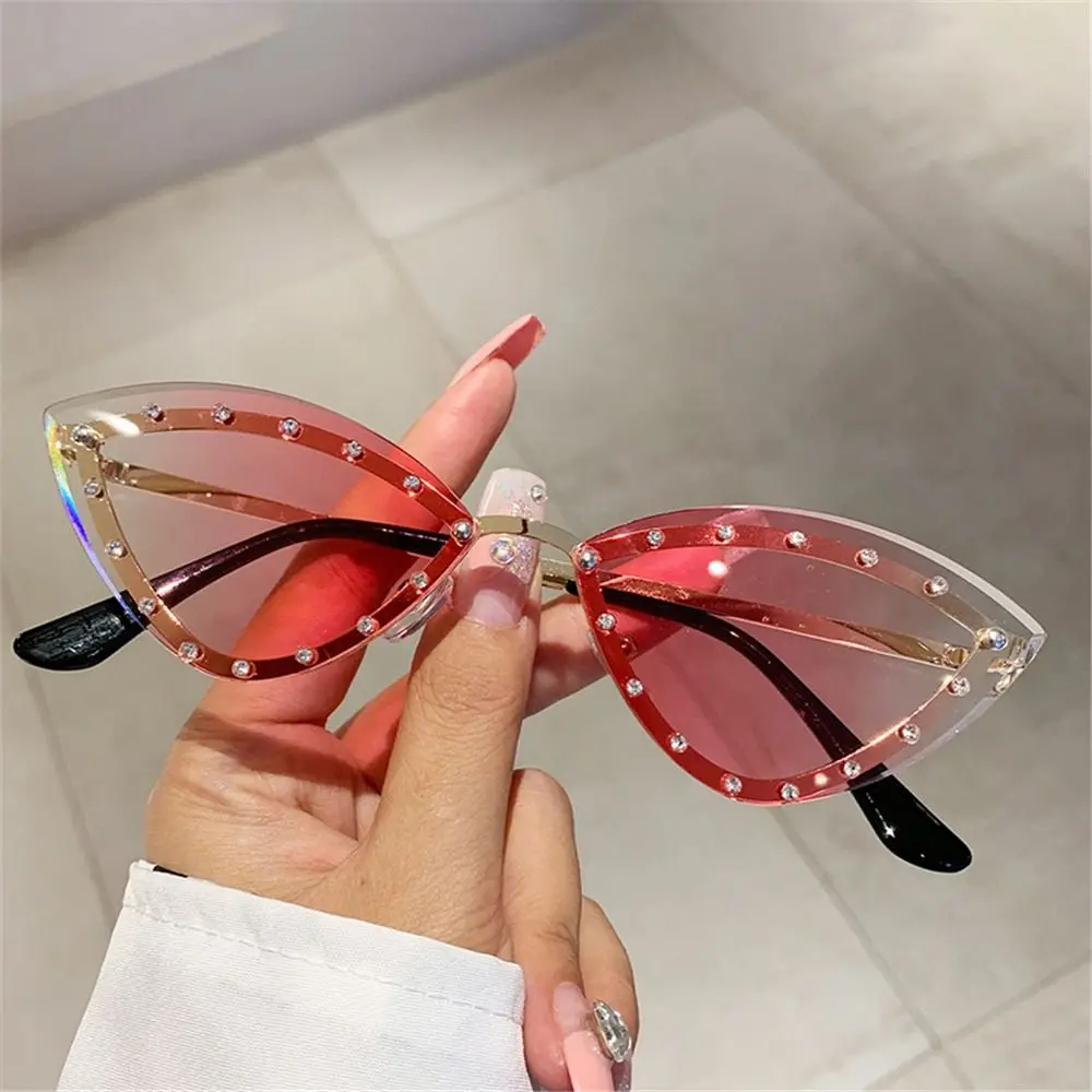 Vintage Rimless Cat Eye Sunglasses New Stylish Multicolor Women Gradient Shades Trendy Rhinestones Eyewear