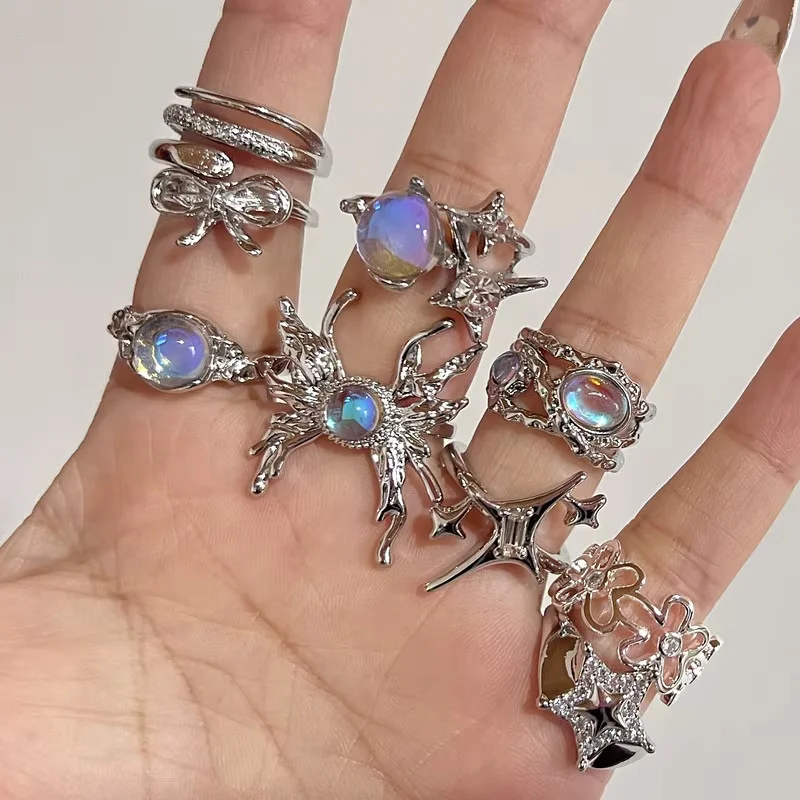Y2K Silver Faux Moonstone Ring Set – Gothic Open-Style Rings Featuring Butterflies, Stars, and Bows; Adjustable Stackable Jewelr