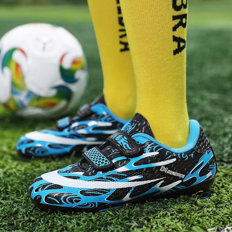 Hot Sale Blue Red FG/TF Children's Football Boots Outdoor Non-slip No-Lace Soccer Shoes for Teenagers School Sneakers Kids Boys