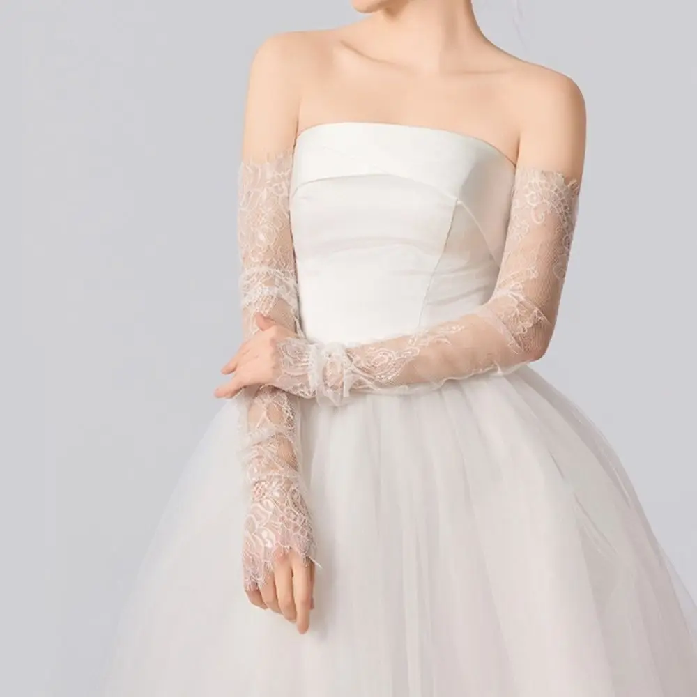 New Long Bridal Gloves Sheer White Black Fingerless Gloves 65CM Lace Gloves Banquet