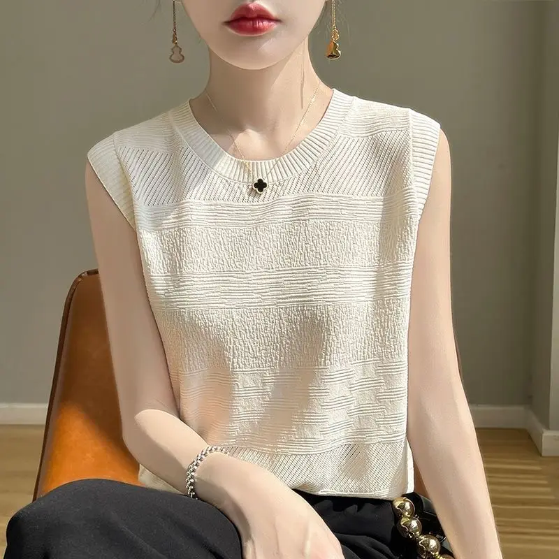 

Новинка лета 2025 года, корейские пуловеры, топы, офисная женская футболка, элегантная однотонная повседневная футболка без рукавов с круглым вырезом