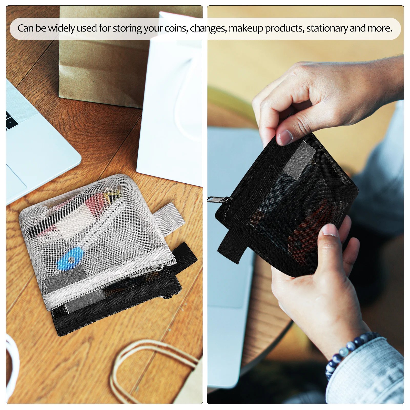 3 قطع محفظة للعملات المعدنية خفيفة الوزن محمولة صغيرة شبكية نايلون أسود أبيض رمادي حقيبة أدوات الزينة للسفر واسعة وسحاب آمن