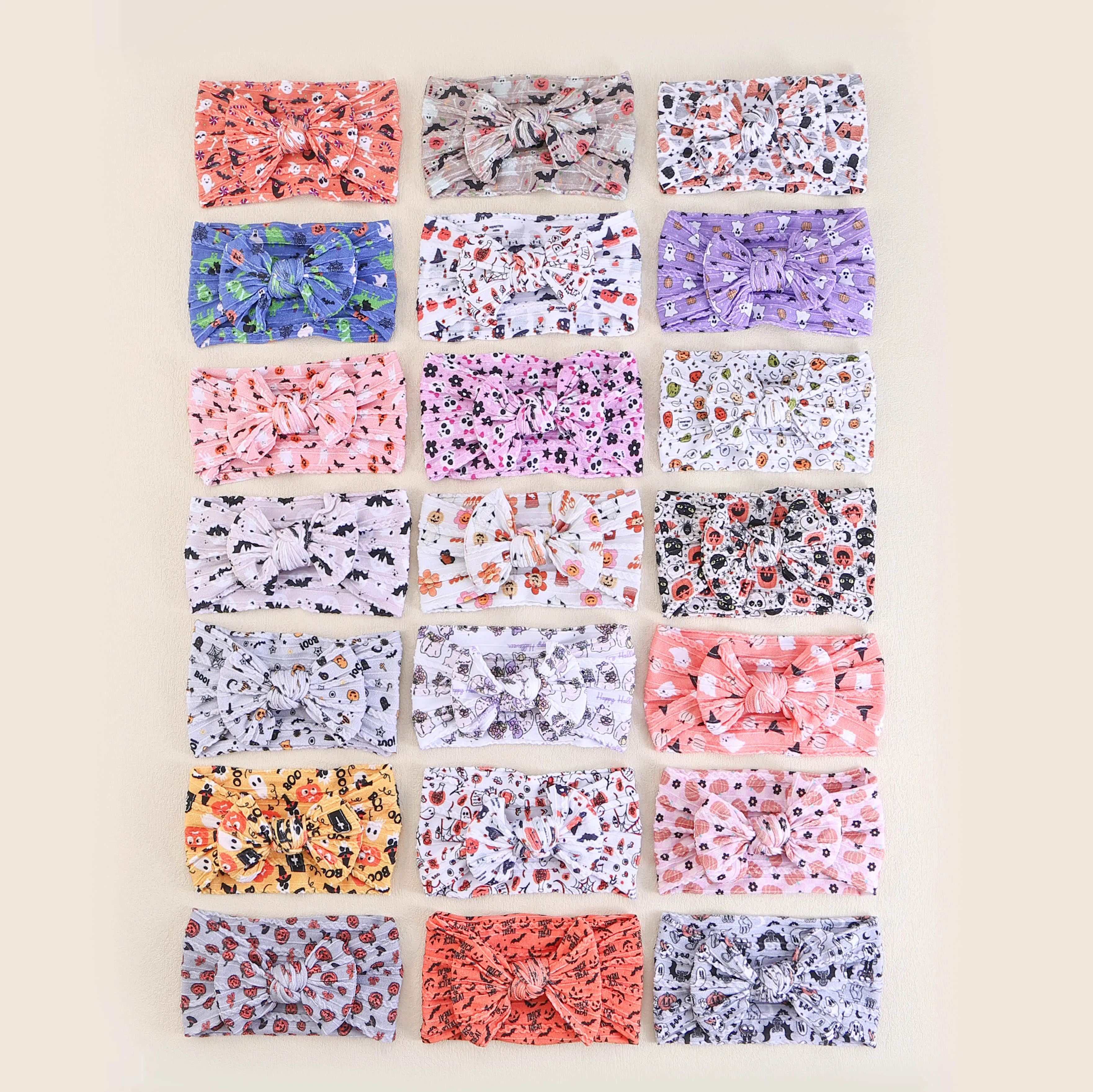 Bulk 20pcs Halloween Headbands for Girls Cable Knit Nylon Bow Turban Skull Pumpkin Bat Print Children's Halloween Accessories