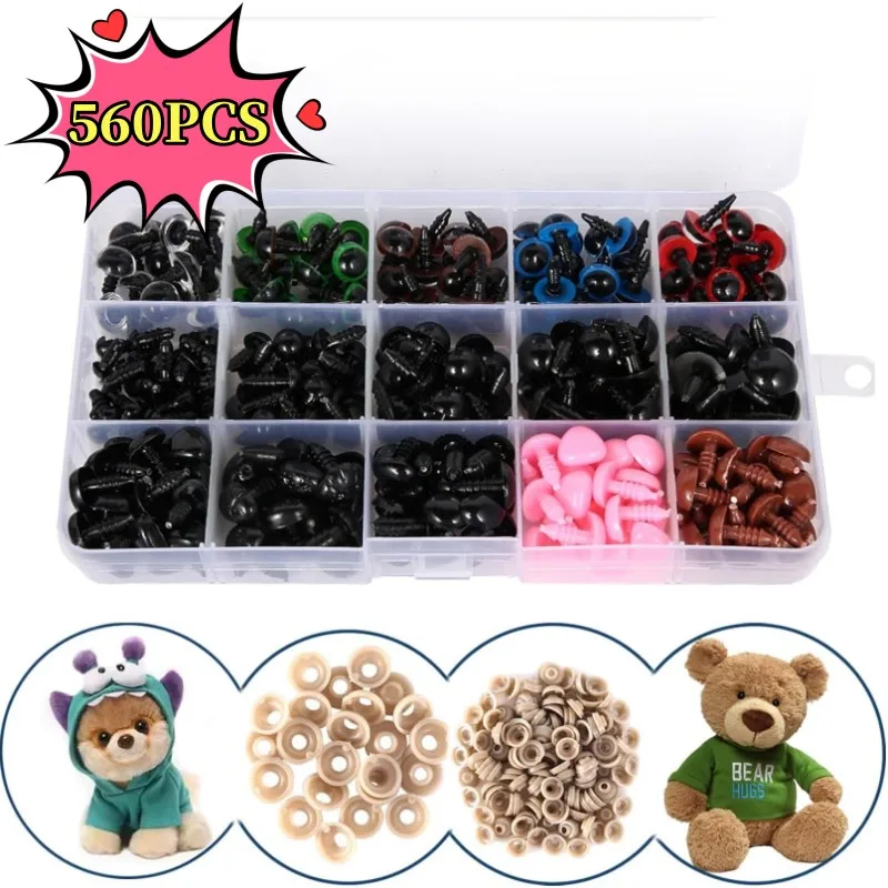 560PCS Dolls Plastic Eyes with Washers Safety Durable Eyes DIY Funny Toy Sewing Plush Doll Small Noses Cute Crochet Doll Gifts