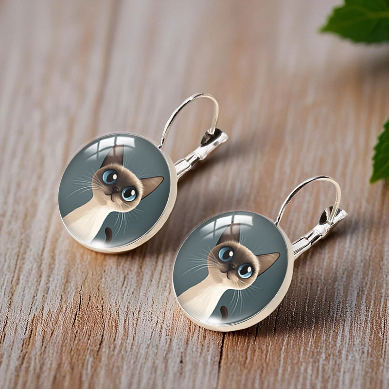 2025 New Fashion Siamese Cat Ear Clip Round Earring Glass Cabochon Art Printed Jewelry
