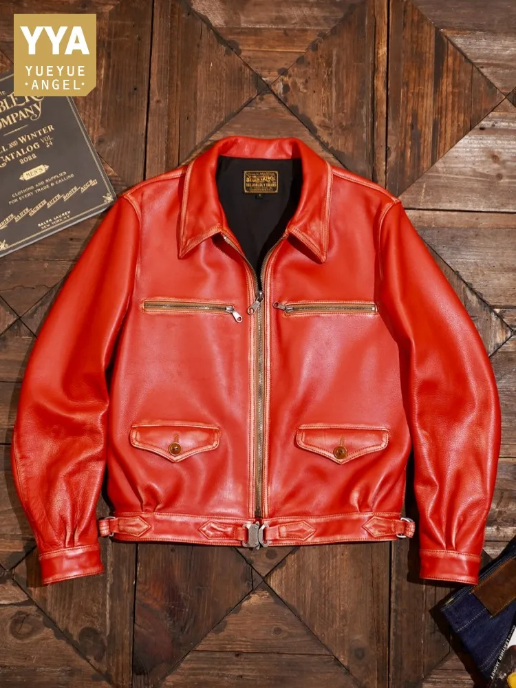 Mens Autumn Winter Cowhide Genuine Leather Jacket Multi Pockets Moto Biker Riding Windproof Coat Punk Style Stage Show Outerwear