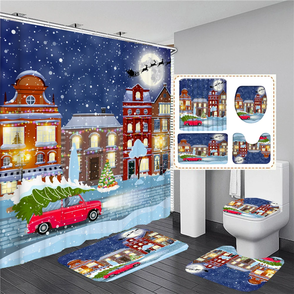 

Santa Claus Snowman Printed 3D Shower Curtain Set Christmas Cartoon Home Decoration Bathroom Curtains With Rugs Non-slip Bat Mat