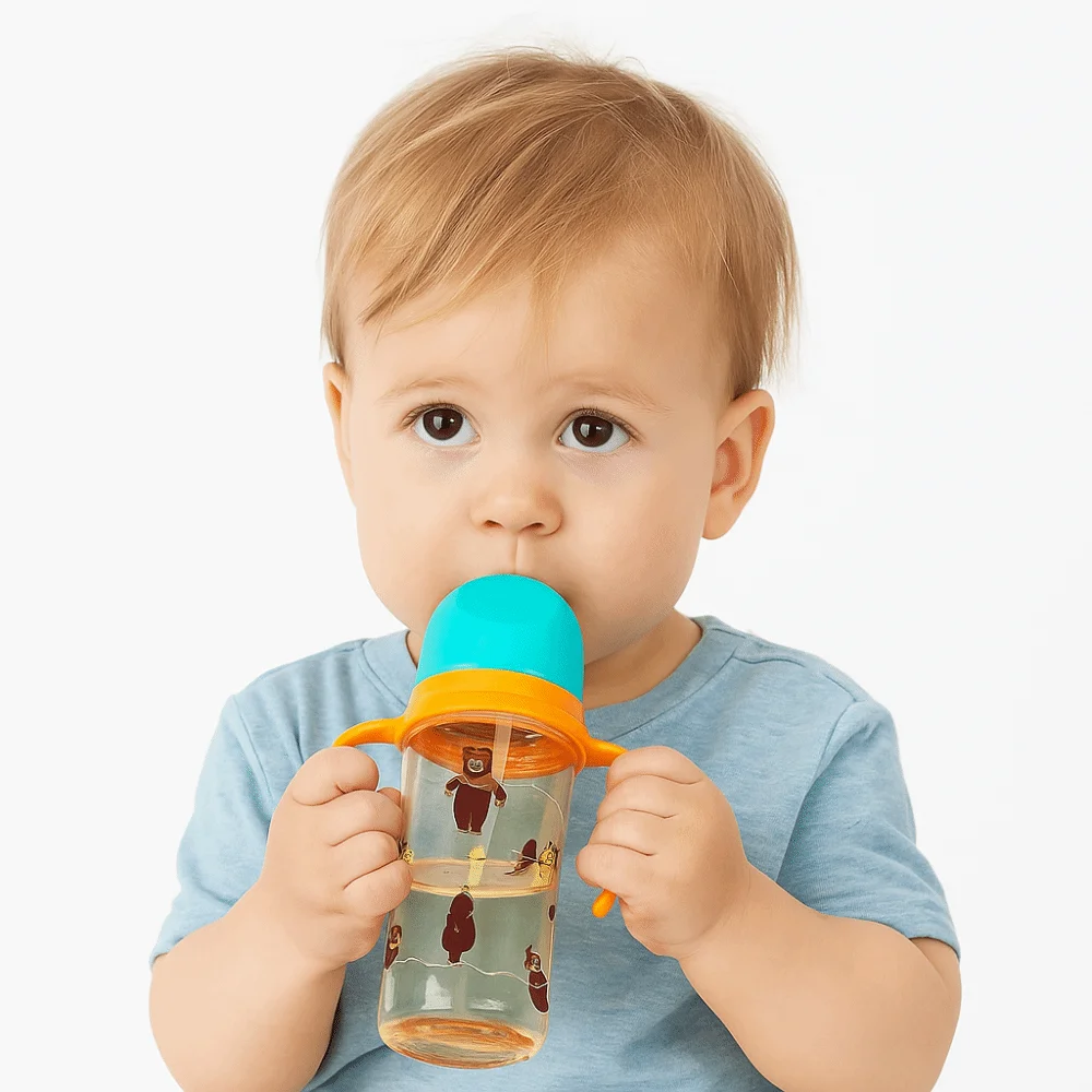 Cartoon Baby Milk Bottle Animal Pattern Transparent Baby Feeding Bottle with Handle 330ml Baby Drinking Cup Baby Feeding