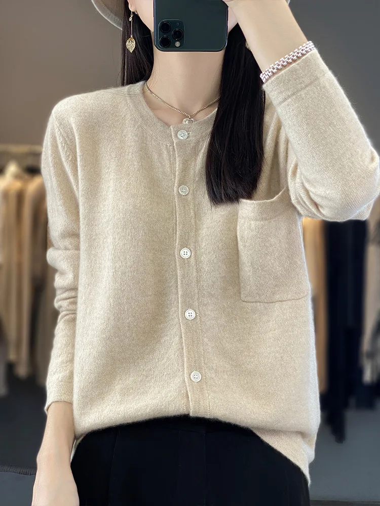 

Women's O-Neck Cashmere Cardigans 100% Merino Wool Sweater Long Sleeve Solid Soft Knitwear Autumn Winter Female Clothing Tops