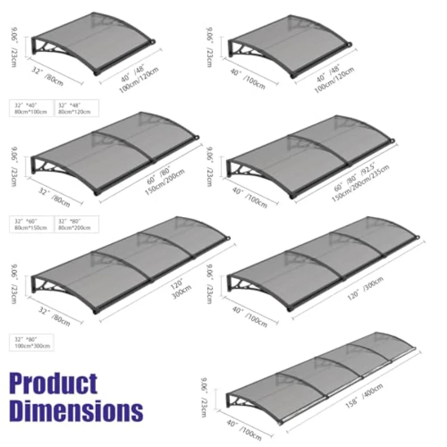 Outdoor Window Door Awning Canopy for UV/sun/rain/snow Protection, Polycarbonate Cover, Black, Durable ABS Bracket and Aluminum