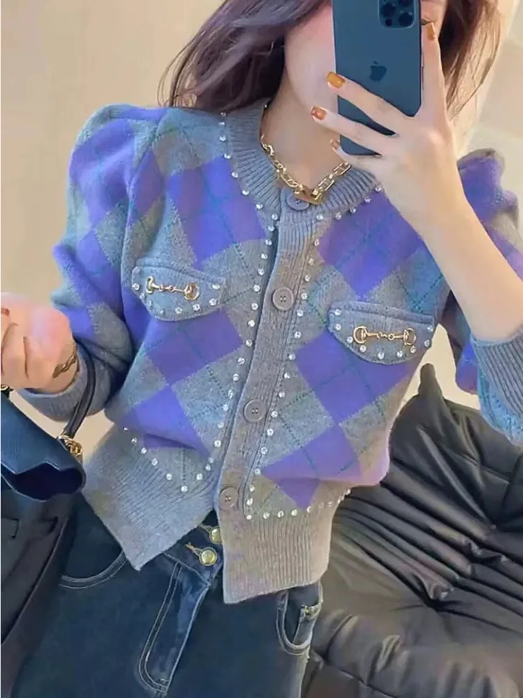 New Purple Argyle Knitted Sweater Spring Autumn Long Puff Sleeve Single Breasted Cardigan Korean Fashion Diamond Short Knit Tops