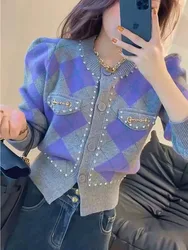 New Purple Argyle Knitted Sweater Spring Autumn Long Puff Sleeve Single Breasted Cardigan Korean Fashion Diamond Short Knit Tops