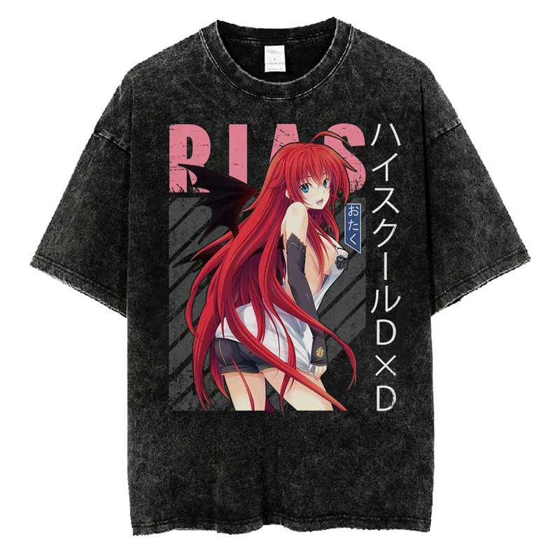 High School DxD Rias Gremory Merch Vintage Wash Tee T-Shirts Women Men Fashion Streetwear Short Sleeve Top