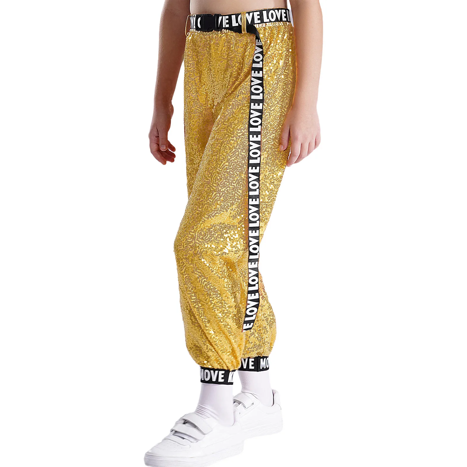 Kids Girls Sparkly Sequins Pants Hip Hop Jazz Dance Stage Performance Trousers with Letter Print Belt School Show Streetwear