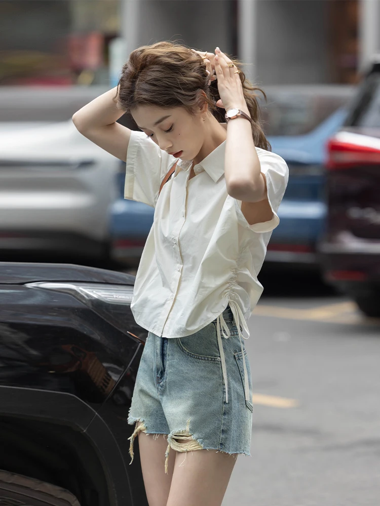 

Летняя женская рубашка свободного кроя с коротким рукавом, на шнуровке, в корейском стиле, однотонная, с воротником и застежкой на пуговицы