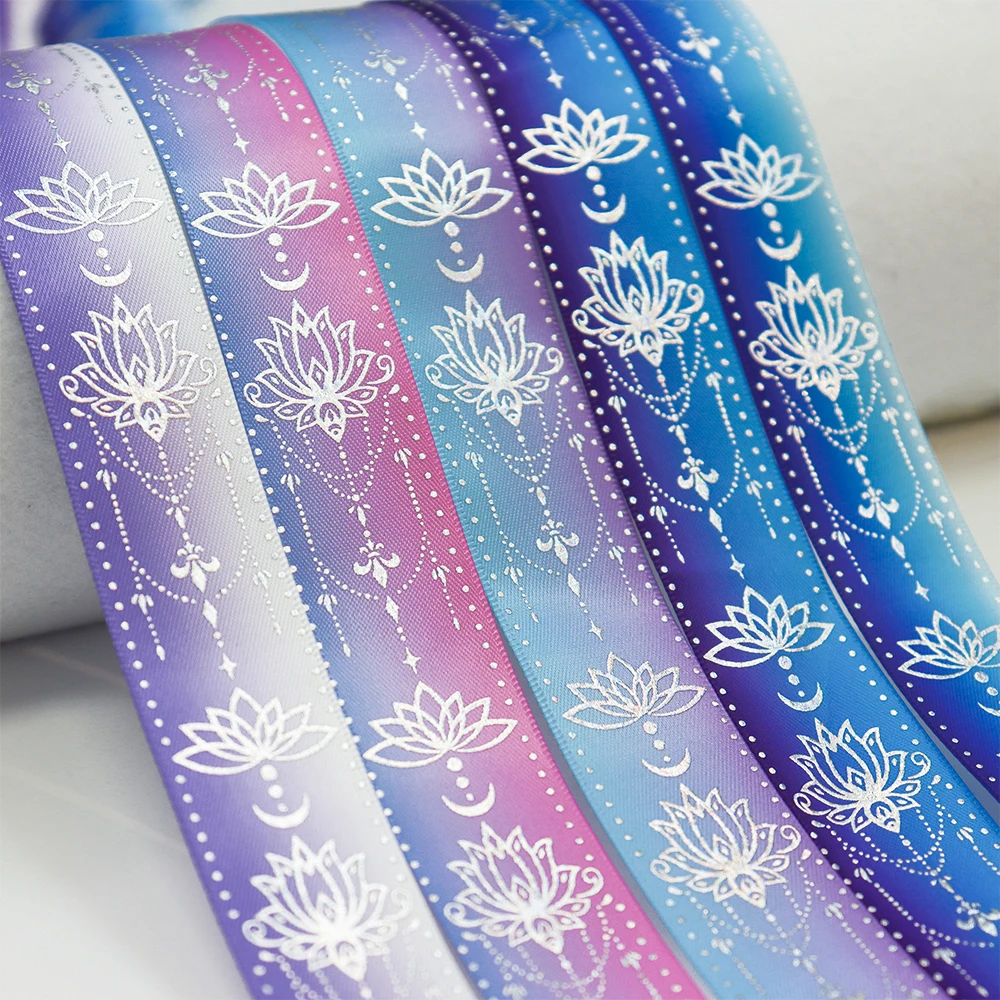 1'' 25mm Laser Silver Foil Moon Lotus Printed Single Side Satin Ribbon For Wedding Birthday Party Gift Wrapping Decoration