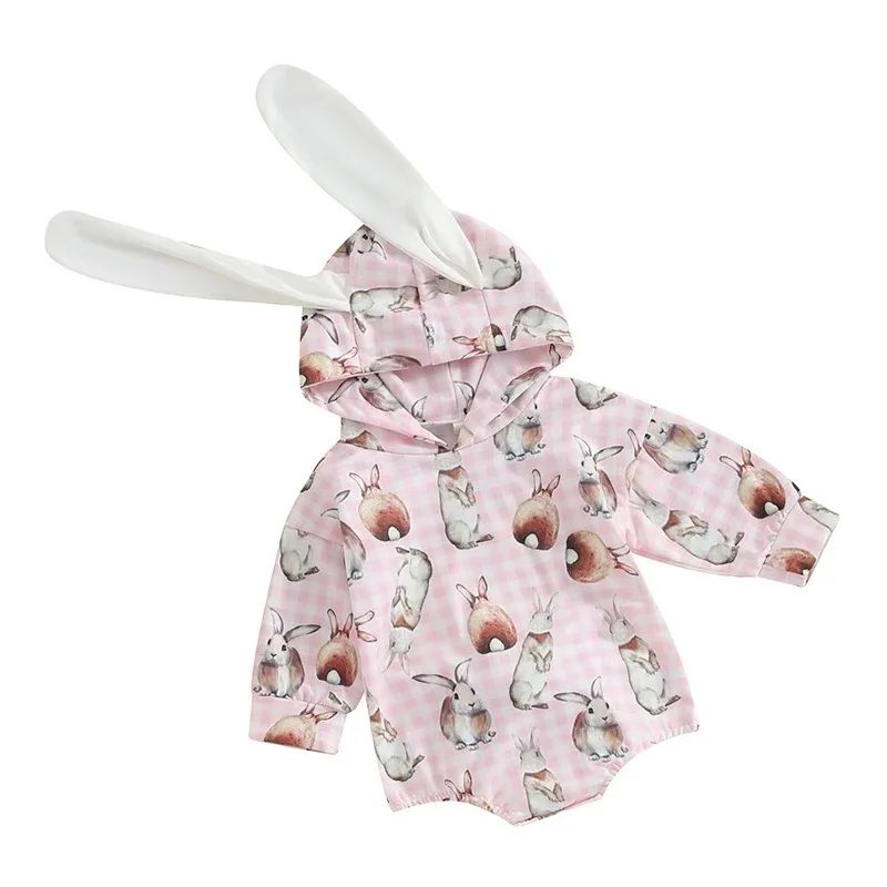 Easter Toddler Girls Clothing Long Sleeve Hooded Bunny Ears Cute Rabbit Pattern Print Baby Pink Bodysuit