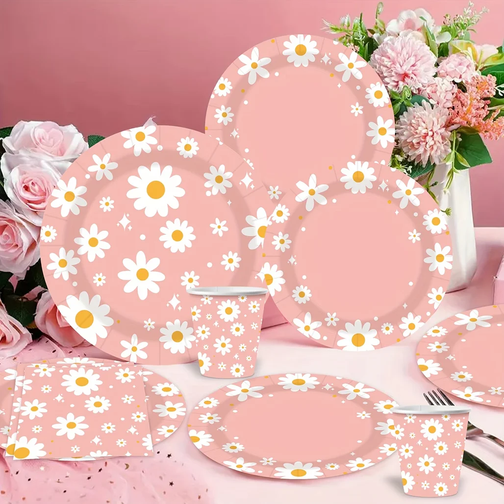 80 Uds Vajilla Desechable Con Tema De Margarita Rosa Elegante Platos De Papel Floral Vasos Servilletas Suministros De Fiesta De Flores De Primavera Para Niñas Cumpleaños Baby Shower Boda Decoración