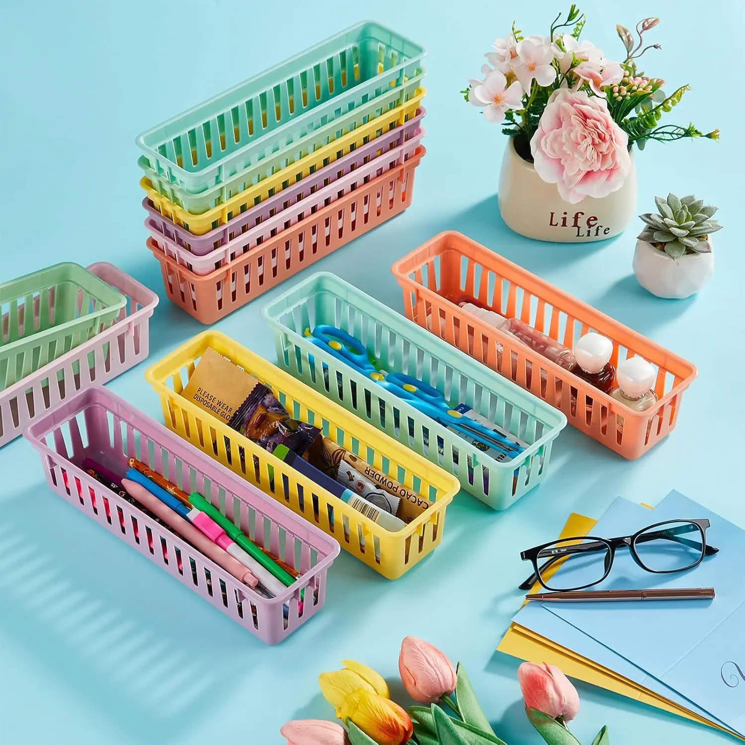 

Plastic Long Strip Storage Basket for Kindergarten Office Document Toy Storage Teaching Aids Color Pencil Organizer Basket