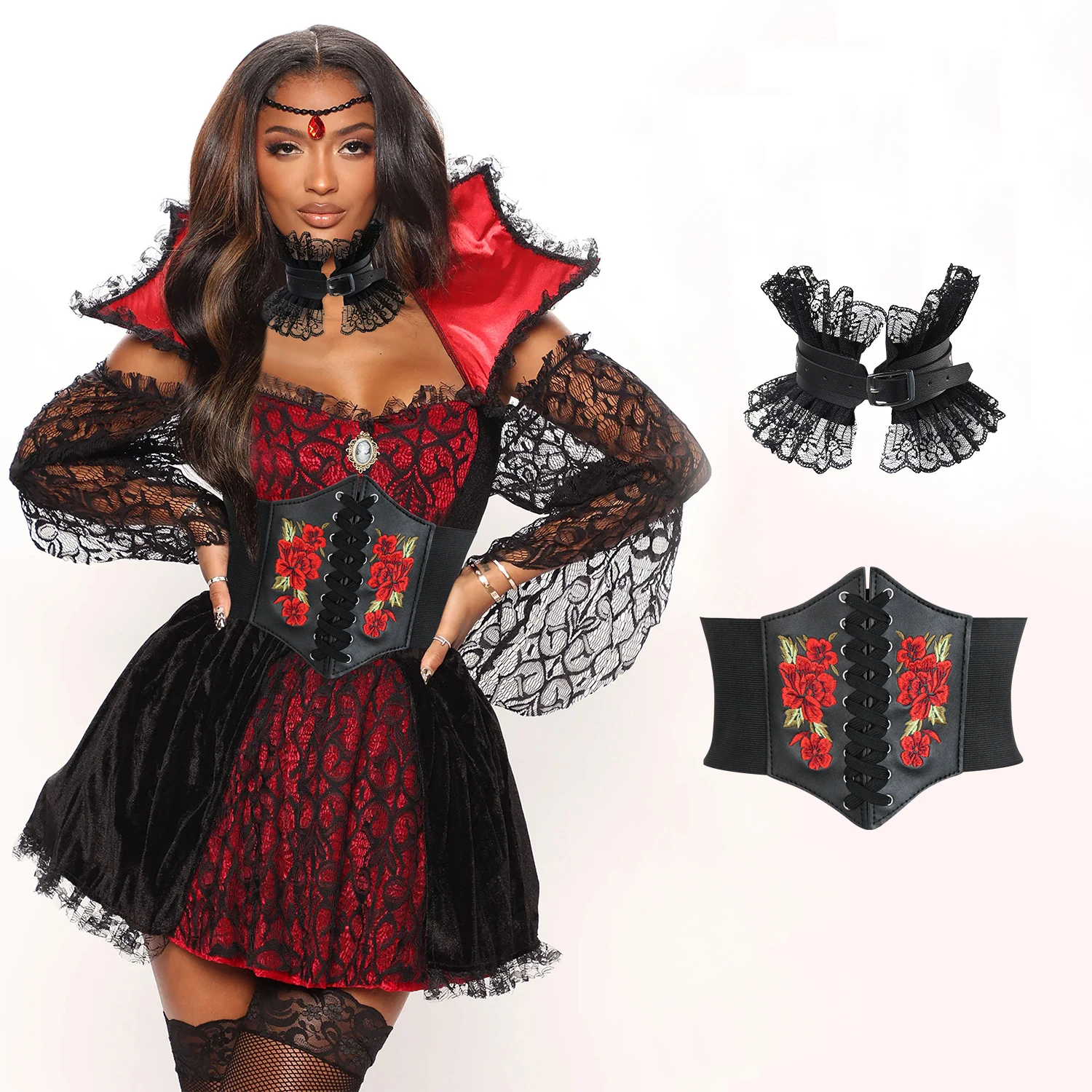 

Женский розовый эластичный пояс, кружевное ожерелье из искусственной кожи, реквизит для косплея, широкий пояс