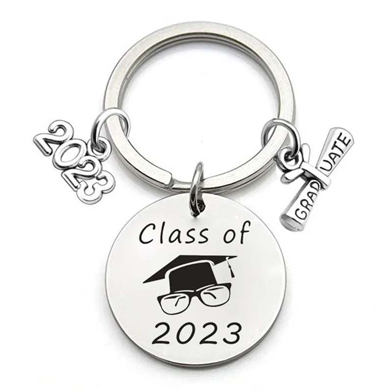 Keychain Pendant Stainless Steel Round Student 2024 Graduation Season Gift Bachelor Hat Gift Lettering Metal Key Ring Accessorie
