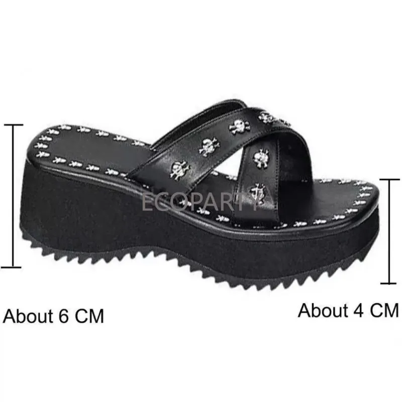 Skull Head Thick Sole Sandals Large Slope Heel Sponge Cake Water Table One-word Slippers Female Rivets Ladie Shoes Slippers