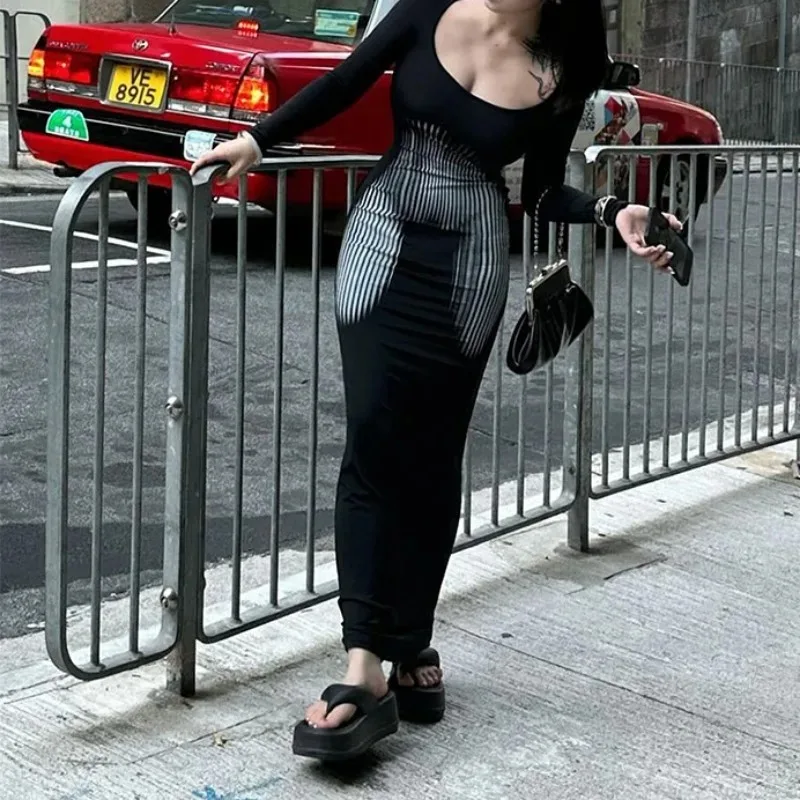 Novo vestido preto de manga comprida de corte baixo feminino cintura alta envoltório hip impresso vestidos rabo de peixe sexy nebuloso maxi bodycon vestido